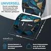 A toilet seat with a marble-like design, showing dimensions and features. Produktbild-Vorschau