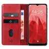 A red flip phone case with card slots and a smartphone inside. Produktbild-Vorschau