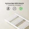 A close-up of a white slatted product, likely a radiator or drying rack, with marketing text and icons above it. Voir les images du produit