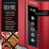 A close-up of a red toaster with a touch panel display and labeled functions, alongside images of various toast preparations. Náhled obrázku produktu
