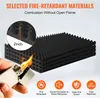 A hand holding a lighter to a stack of black acoustic foam panels, with text overlays highlighting features. Náhľad obrázku produktu