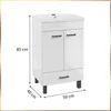 A white bathroom vanity with two doors and a drawer, shown with dimensions indicated by measurement lines and text. Voir les images du produit