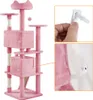A pink cat tree with multiple levels and scratching posts, shown with close-up inserts demonstrating how to attach it to a wall for stability. Produktbild-Vorschau