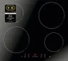 A black induction cooktop with four heating zones and a control panel at the bottom. A badge is visible on the top left. Produktbild-Vorschau
