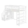 A white loft bed with stairs and storage is shown against a white background. Produktbild-Vorschau