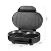 An open black hamburger maker with two grilling plates on the top and two circular cooking areas on the bottom. Dimensions are indicated by lines and numbers. Podgląd zdjęcia produktu