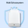 A white USB-C power adapter is shown centered against a light blue background with a shield-like graphic behind it. Text is displayed above the adapter. Produktbild-Vorschau