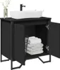 A black washbasin cabinet with a white sink and faucet on top. The cabinet doors are open, revealing stacked white towels and a black basket inside. Produktbild-Vorschau