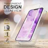 A clear phone case is shown with a phone inside, displaying a purple marble wallpaper. Text overlays highlight product features. Produktbild-Vorschau