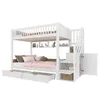 A white bunk bed with stairs, drawers, and storage compartments, set against a white background. Produktbild-Vorschau