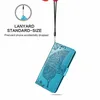 A teal-colored phone case with a butterfly design is shown hanging from a lanyard, with text indicating its features. Produktbild-Vorschau