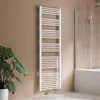 A white towel radiator is shown in a bathroom setting, next to a potted plant and a shower enclosure. Podgląd zdjęcia produktu