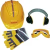 A set of toy construction worker accessories, including a hard hat, headphones, goggles, and gloves, arranged on a white background. Náhled obrázku produktu