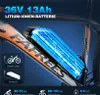 Close-up of an electric bicycle battery mounted on the frame, with marketing text and icons. Produktbild-Vorschau