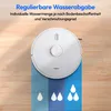 A white robot vacuum cleaner is shown on a wooden floor, with a graphic indicating adjustable water output. Produktbild-Vorschau