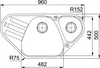 A top-down technical drawing of a black granite sink with dimensions and radii indicated. Produktbild-Vorschau