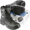 A pair of black winter work boots are displayed on top of their packaging box. Produktbild-Vorschau
