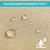 Close-up of a beige fabric with water droplets on it, indicating water resistance. A blue banner at the top contains text. Produktbild-Vorschau