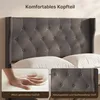 A close-up of a upholstered headboard with two pillows, and inset images showing the texture of the padding and fabric. Náhled obrázku produktu