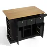 A black kitchen island with a wooden countertop and open drawers and cabinets, shown from a slightly elevated angle against a white background. Voir les images du produit