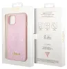 A pink glitter Guess phone case is displayed in its packaging, with the packaging open to show the product and information on the inside flap. Produktbild-Vorschau
