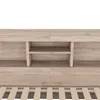 A close-up view of a wooden headboard with shelves. Produktbild-Vorschau