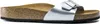 A side view of a single silver Birkenstock Madrid sandal with a cork footbed and black sole, isolated on a white background. Anteprima dell’immagine prodotto