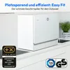 A white MEDION mini dishwasher is shown on a kitchen counter next to a sink, with promotional text and awards displayed. Produktbild-Vorschau