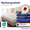 A mattress on a bed in a bedroom setting, with marketing text and icons. Produktbild-Vorschau