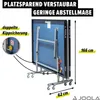 A table tennis table folded and standing on its wheels, with dimensions indicated. Produktbild-Vorschau