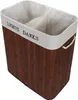 A laundry basket with two compartments, made of bamboo, with the words 'LIGHTS' and 'DARKS' printed on the fabric rim. Produktbild-Vorschau