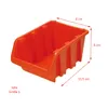 An orange storage bin with dimensions indicated by red lines and text. Produktbild-Vorschau
