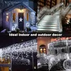 A collage of images showing white icicle lights used for indoor and outdoor decoration, including on a house, stairs, and a gazebo. Produktbild-Vorschau
