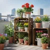 A balcony garden with various potted plants displayed on wooden crates. Náhled obrázku produktu