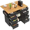 A kitchen island with a wooden countertop, showing various drawers and cabinets open, displaying kitchen items. Produktbild-Vorschau