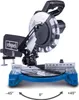 A miter saw is shown against a white background. The saw is blue and silver with black accents. The saw is angled slightly to the left, showing its base, blade, and handle. There are angle indicators on the base of the saw, showing -45°, 0°, and +45°. Produktbild-Vorschau