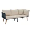 A three-seater outdoor sofa with beige cushions and dark blue woven armrests, set against a white background. Anteprima dell’immagine prodotto