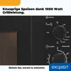 A close-up view of a black microwave oven's control panel and a portion of its door, with marketing text overlayed. Produktbild-Vorschau