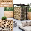 An outdoor patio scene with a firewood rack, lounge furniture, and a fire pit. Produktbild-Vorschau