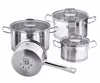 A set of stainless steel pots and pans with glass lids, arranged on a white background. Produktbild-Vorschau
