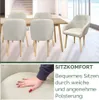 A collage showing dining chairs around a table and a close-up of a chair cushion with a hand pressing on it. Produktbild-Vorschau