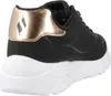 A rear view of a black and gold Skechers sneaker with a white sole. Voir les images du produit