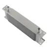 A silver oil cooler kit with fins and two threaded connectors, mounted on a white background. Voir les images du produit