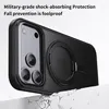 A black phone case with a ring and MagSafe is shown on a cracked surface, implying durability. Produktbild-Vorschau
