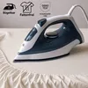 An iron is shown on a white bedsheet, with icons and text indicating product features. Produktbild-Vorschau