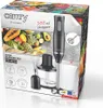 The image shows the packaging of a hand blender set, featuring images of fruits and vegetables, along with the product and its accessories. Produktbild-Vorschau