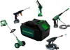 A collage of various cordless garden tools and a battery pack. Produktbild-Vorschau