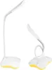 Two white desk lamps with yellow accents on a white background. One lamp is standing upright, and the other is bent into a loop. Produktbild-Vorschau