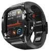 A close-up, angled view of a rugged smartwatch with a black metal case and a black silicone strap.