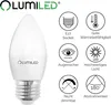 A product image of a white LED candle light bulb with various feature icons and text on the right side. Produktbild-Vorschau